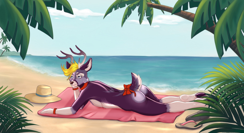 anthro antlers arilace beach beach_blanket belly blonde_hair blue_eyes bracelet butt cervid clothing collar damon_fallow flip_flops footwear fur girly gloves_(marking) hair hat headgear headwear hooves horn jewelry leg_markings lying male mammal markings nude on_front palm_tree plant purple_body purple_fur ribbons sand sandals seaside socks_(marking) solo tail_bow tail_ribbon tree underhoof white_belly white_markings