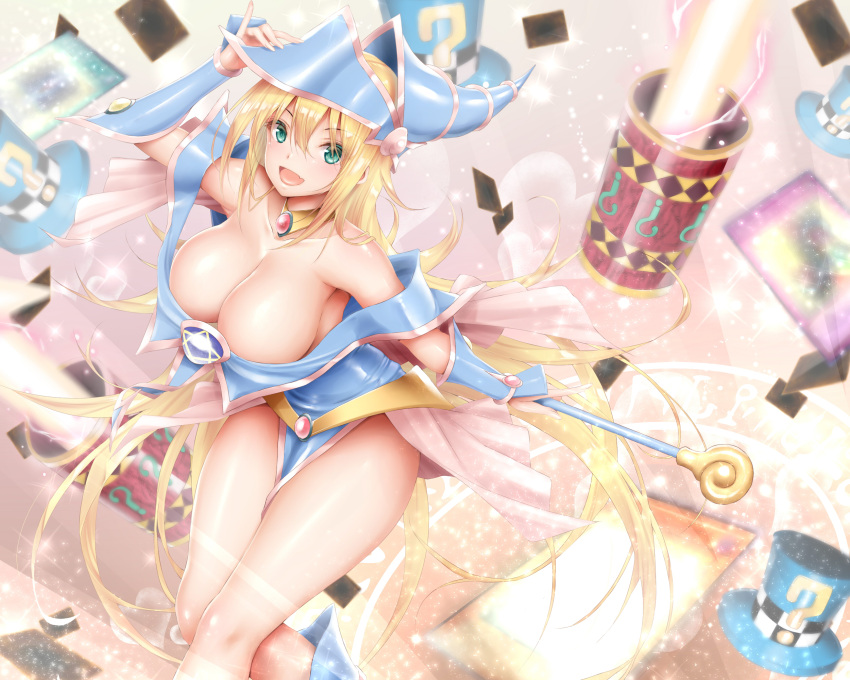 1girl :d arm_guards arm_up bangs bare_shoulders blue_dress blue_footwear blurry blurry_background blush breasts calcio card cleavage collarbone commentary_request crossed_legs dark_magician_girl dress duel_monster fang feet_out_of_frame floating_card green_eyes hair_between_eyes hand_up hat highres huge_breasts leaning_forward lens_flare lens_flare_abuse long_hair looking_at_viewer off-shoulder_dress off_shoulder open_mouth pentacle pentagram shiny shiny_skin sideboob sidelocks skin_fang sleeveless sleeveless_dress smile solo sparkle thighs top_hat very_long_hair wand wizard_hat yu-gi-oh!