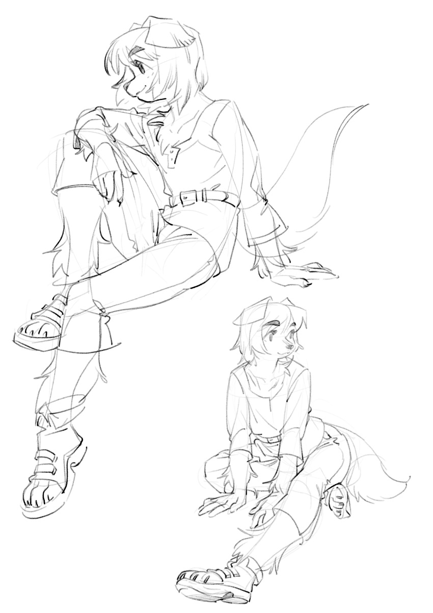 2021 absurd_res anthro aruurara bangs belt bottomwear canid canine canis chest_tuft clothed clothing domestic_dog female fluffy footwear hi_res line_art mammal monochrome raised_leg shirt shoes shorts sitting sketch smile solo textless toeless_footwear toeless_shoes topwear tuft