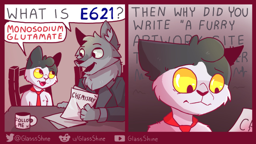 16:9 2021 anthro biped border canid canine canis chair clothed clothing comic cup dialogue digital_media_(artwork) domestic_cat duo e621 english_text eye_contact felid feline felis fur furniture glassshine grey_body grey_clothing grey_fur holding_object looking_at_another mammal necktie paper paws red_border simple_background sitting speech_bubble suit table text white_body white_fur widescreen wolf yellow_sclera