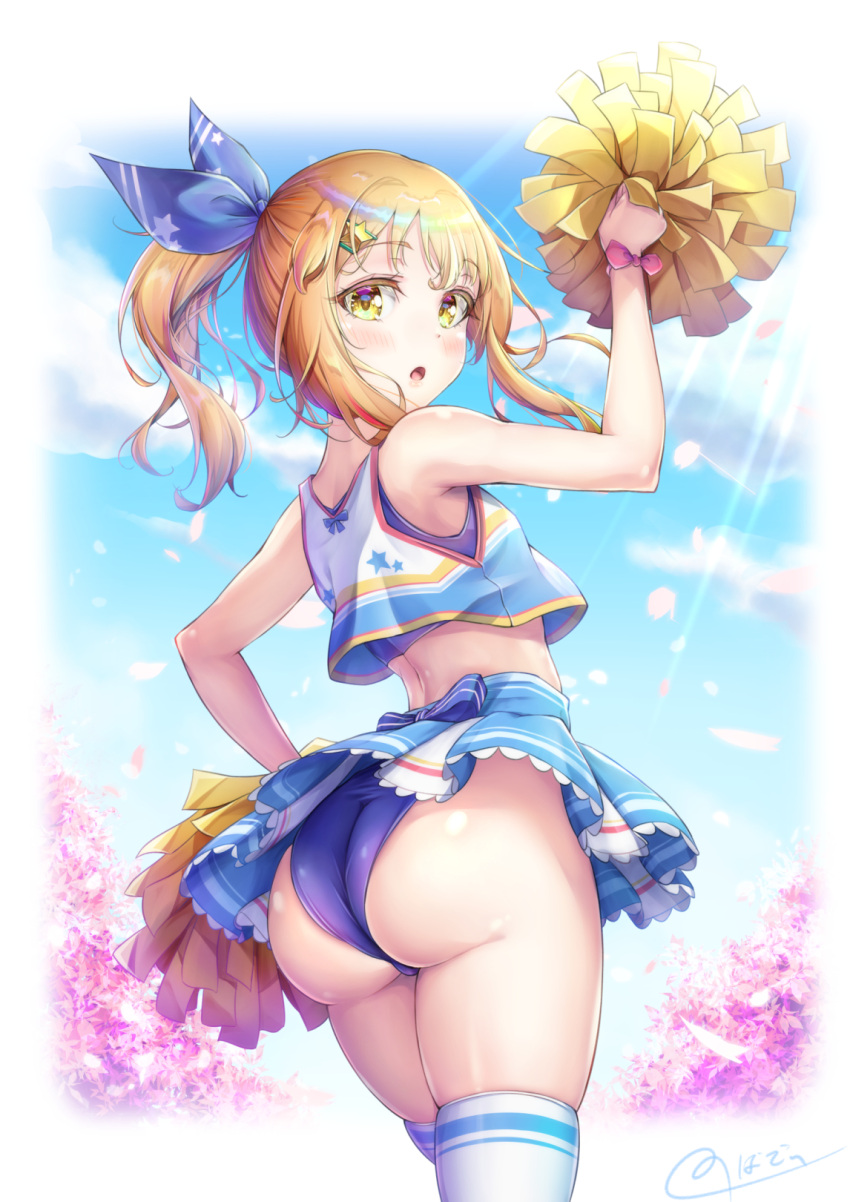 1boy :o ass bangs bare_arms blonde_hair blue_skirt border cheerleader cherry_blossoms cloud commentary_request crop_top day eyebrows_visible_through_hair from_behind hair_ornament hair_ribbon hand_on_hip highres holding holding_pom_poms looking_at_viewer looking_back male_focus medium_hair natsusora_wakana nobady original otoko_no_ko outdoors pom_poms ribbon sidelocks signature skirt standing star_(symbol) star_hair_ornament thighhighs thighs white_legwear yellow_eyes