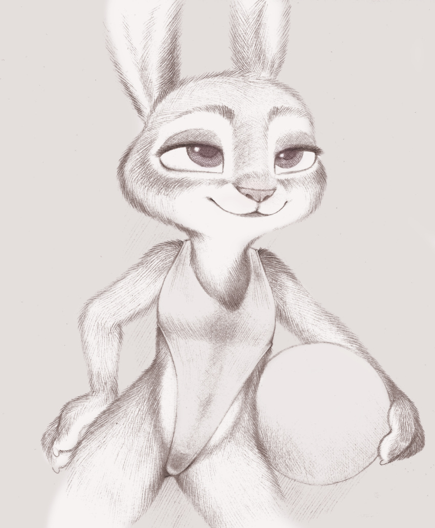 anthro ball clothing disney female fuchs greyscale half-closed_eyes hand_on_hip hi_res holding_ball holding_object judy_hopps lagomorph leotard leporid mammal monochrome narrowed_eyes rabbit simple_background sketch smug solo traditional_media_(artwork) zootopia