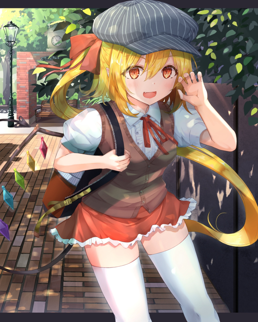 1girl :d alternate_costume backpack bag bangs blonde_hair blush bow breasts brick_road brown_bag brown_vest center_frills clock commentary_request crystal day eyebrows_visible_through_hair fang feet_out_of_frame flandre_scarlet frills grey_headwear hair_between_eyes hair_bow hand_up hat highres laevatein_(tail) lamppost looking_at_viewer medium_breasts medium_hair miniskirt one_side_up open_mouth orange_eyes outdoors petticoat pointy_ears puffy_short_sleeves puffy_sleeves red_bow red_neckwear red_ribbon red_skirt ribbon shirt short_sleeves skirt smile solo standing tail thighhighs torottye touhou vest white_legwear white_shirt wings