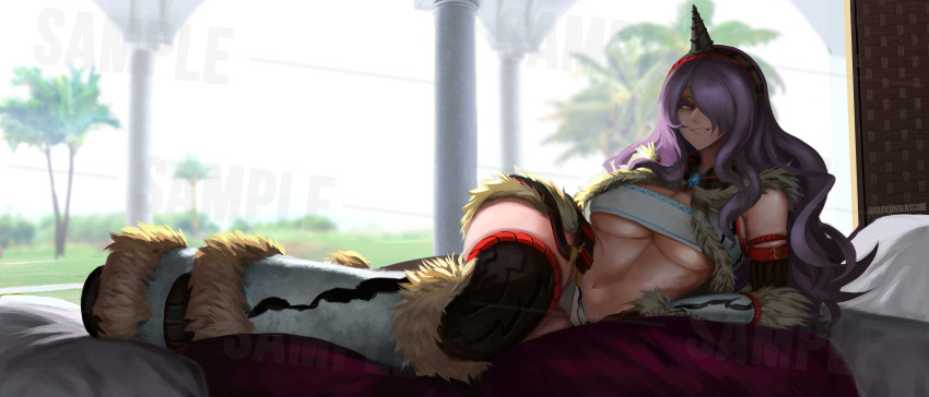 1girl absurdres backlighting bed_sheet bracer breasts camilla_(fire_emblem) cleavage commission crossover day detached_sleeves dudeunderscore english_commentary fake_horns fire_emblem fire_emblem_fates full_body fur_trim gem grin hair_over_one_eye highres horns kirin_(armor) large_breasts leg_warmers long_hair long_image looking_at_viewer lying monster_hunter:_world monster_hunter_(series) nose on_bed on_side purple_eyes purple_hair reclining sample single_horn smile solo strapless thick_thighs thighhighs thighs tubetop underboob vest wavy_hair zettai_ryouiki