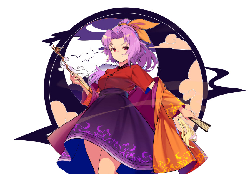 1girl absurdres closed_fan fan folding_fan highres holding holding_fan holding_pipe japanese_clothes kimono kiseru komakusa_sannyo kuma-ra long_hair looking_at_viewer pipe purple_hair purple_skirt red_eyes red_kimono red_robe ribbon skirt smile smoke solo tobacco touhou unconnected_marketeers yellow_ribbon