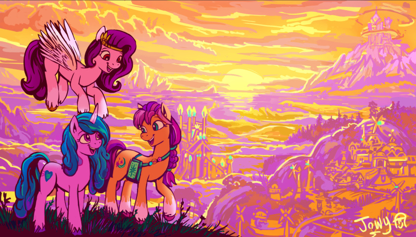 bag building detailed_background equid equine female hasbro horn horse izzy_moonbow_(mlp) jowybean mammal mlp_g5 my_little_pony outside pegasus pipp_(mlp) pony sunny_starscout_(mlp) sunset unicorn wings