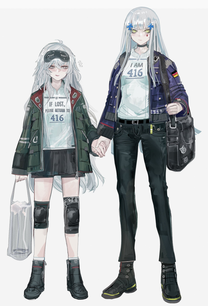 2girls absurdres bag belt denim english_text g11_(girls_frontline) german_flag girls_frontline handbag height_difference highres hk416_(girls_frontline) holding_hands iron_cross jacket jeans knee_pads long_hair messy_hair multiple_girls nslacka pants plastic_bag shoes skirt sneakers socks