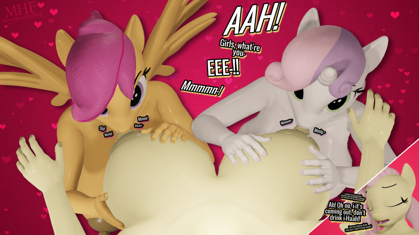 16:9 3d_(artwork) aged_up anthro areola big_breasts breast_grab breast_suck breasts dialogue digital_media_(artwork) english_text female fluttershy_(mlp) friendship_is_magic group group_sex hand_on_breast hasbro hi_res horn milk moorsheadfalling my_little_pony nipples nude scootaloo_(mlp) sex sucking sweetie_belle_(mlp) text threesome widescreen wings