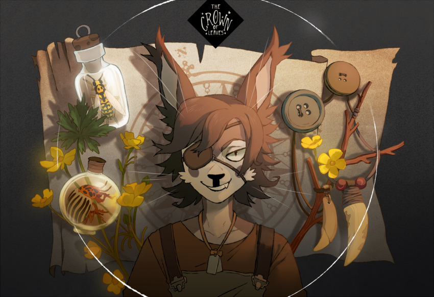 2019 anthro arthropod black_nose bottle brown_body brown_fur brown_hair bust_portrait clothed clothing detailed_background digital_media_(artwork) eye_patch eyewear flower fur hair jewelry lingrimm looking_at_viewer male mammal necklace orange_clothing plant portrait sahash serban_(the_crown_of_leaves) smile solo stick teeth the_crown_of_leaves