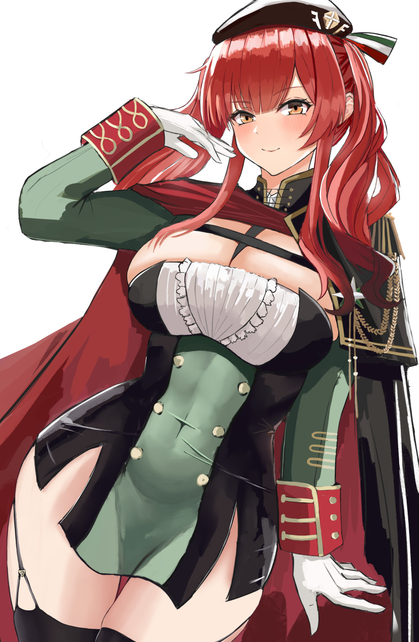 1girl absurdres aiguillette azur_lane beret bilei black_cape black_capelet black_headwear black_legwear breasts buttons cape capelet cleavage covered_navel double-breasted dress epaulettes garter_straps gloves gold_trim hat highres italian_flag large_breasts long_hair orange_eyes red_cape red_hair short_dress simple_background smile solo thigh_gap thighhighs two-tone_cape white_background white_gloves zara_(azur_lane)