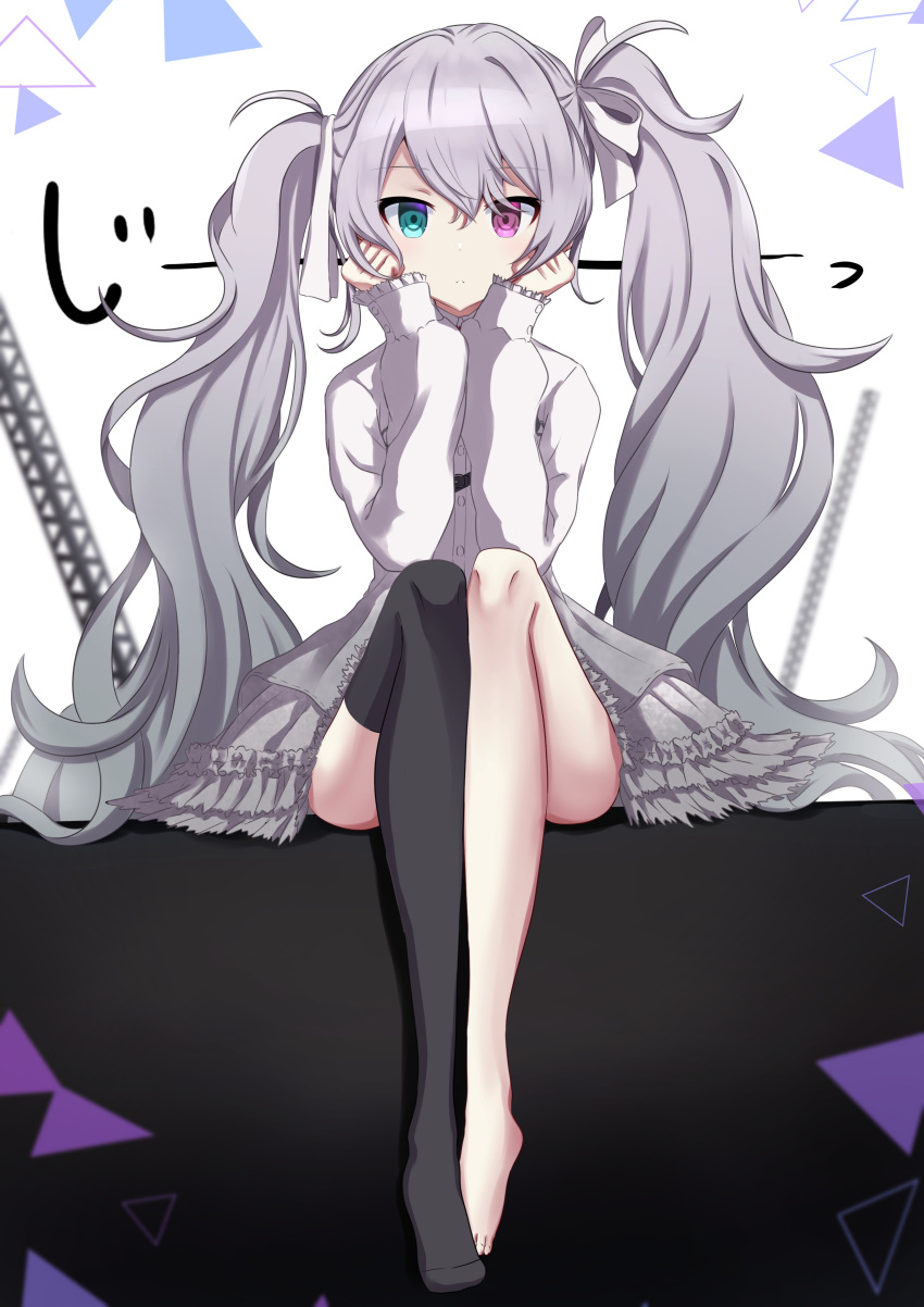 1girl :&lt; absurdres aqua_eyes bangs barefoot black_legwear commentary dot_nose expressionless eyebrows_visible_through_hair frilled_skirt frills full_body grey_hair grey_skirt hair_ribbon hands_on_own_chin hatsune_miku heterochromia highres itogari knees_up legs_together long_hair long_sleeves no_shoes pink_eyes project_sekai ribbon scaffolding shirt simple_background single_thighhigh sitting skirt sleeves_past_wrists solo thighhighs translated triangle twintails vocaloid white_background white_ribbon white_shirt