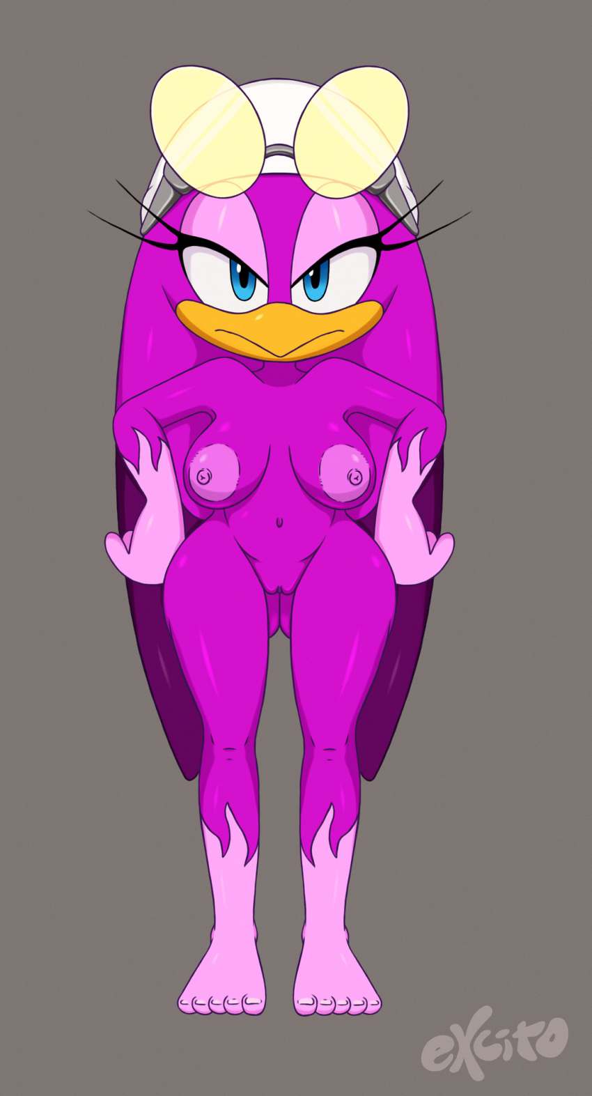 2021 anthro areola avian beak bird blue_eyes breasts butt_from_the_front digital_media_(artwork) excito eyelashes eyewear eyewear_on_head female front_view full-length_portrait genitals grey_background hair hands_on_hips headkerchief hi_res hirundinid kerchief looking_at_viewer navel nipples nude oscine passerine portrait purple_areola purple_body purple_hair purple_nipples purple_skin pussy signature simple_background solo sonic_riders sonic_the_hedgehog_(series) standing sunglasses sunglasses_on_head swallow_(bird) wave_the_swallow wide_hips yellow_beak