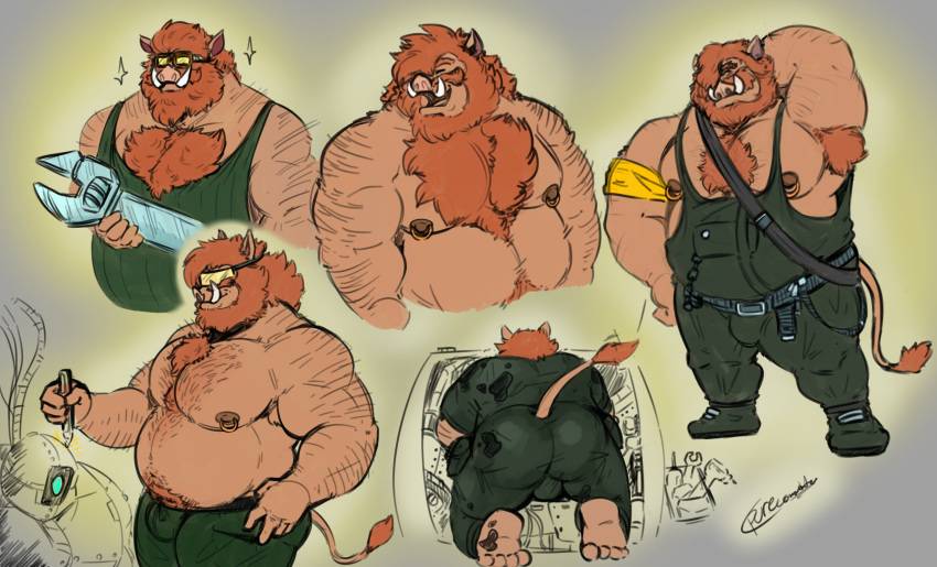 2021 anthro belly bulge butt clothing eyewear glasses hi_res male mammal moobs multiple_poses nipples overalls overweight overweight_male pose pure_command solo suid suina sus_(pig) wild_boar