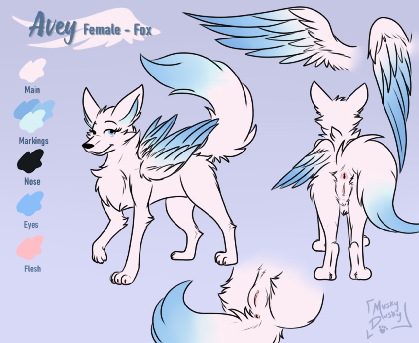 anus avey_(avey_aveon) blue_body blue_eyes blue_fur butt canid canine dipstick_tail feathered_wings feathers female feral folded_wings fox fur genitals humanoid_genitalia humanoid_pussy mammal model_sheet multicolored_body multicolored_fur multicolored_tail muskydusky pussy raised_tail sitting solo spread_wings standing white_body white_fur wings