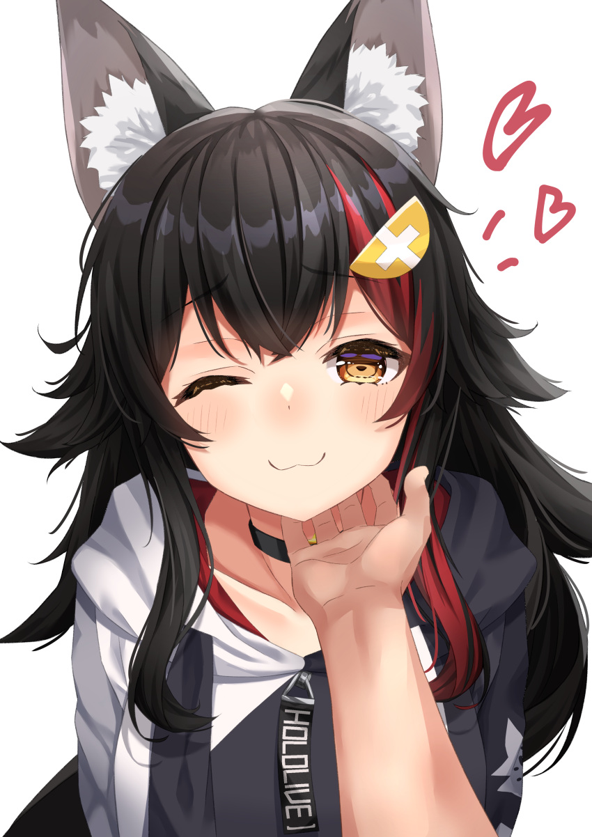 1girl :3 ;) absurdres animal_collar animal_ear_fluff animal_ears bangs black_choker black_collar black_hair blush choker closed_mouth collar collarbone flipped_hair hair_ornament hairclip heart highlights highres hololive hood hood_down hooded_jacket jacket looking_at_viewer multicolored_hair one_eye_closed ookami_mio pov pov_hands red_hair scratching_chin simple_background smile starkamisan two-tone_jacket upper_body virtual_youtuber white_background wolf_ears