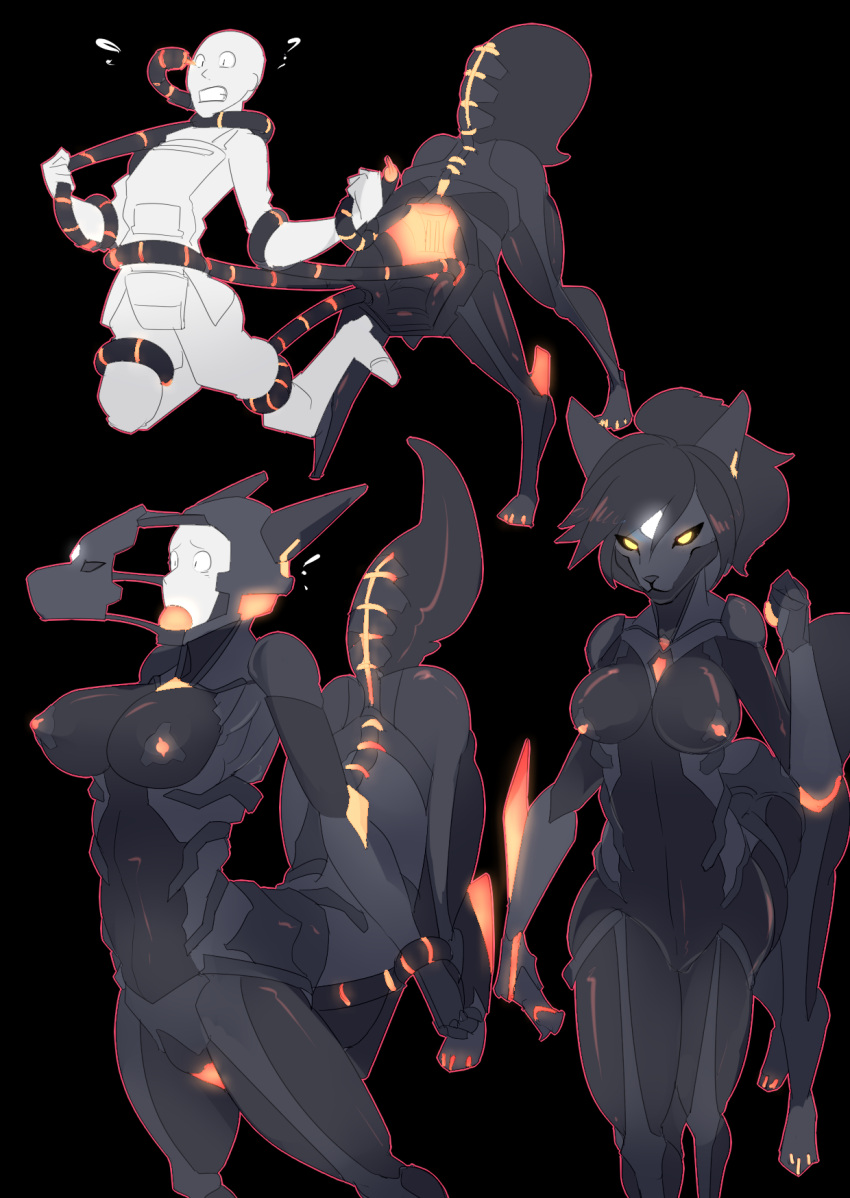 canid canid_taur canine canine_taur duo female glowing glowing_markings hi_res human machine male mammal mammal_taur markings mxl robot sequence simple_background suit_transformation taur tentacles transformation