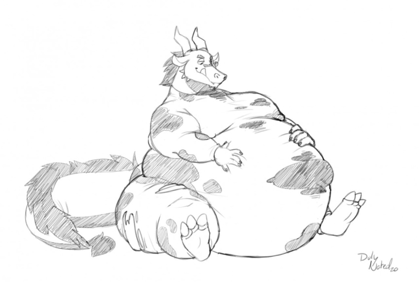 animal_print anthro belly big_belly bodysuit clothing cow_print dragon duly_noted horn male markus_mccraig_(scales) moobs obese overweight sitting skinsuit solo tight_clothing
