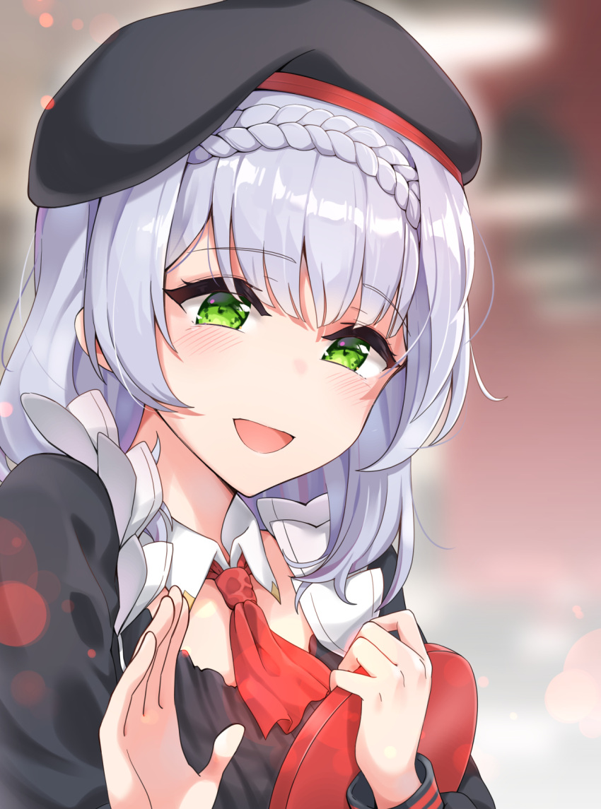 1girl apron bangs blunt_bangs blush braid dulldull employee_uniform genshin_impact green_eyes half-closed_eyes hand_up highres noelle_(genshin_impact) open_mouth red_neckwear short_hair smile solo uniform white_hair