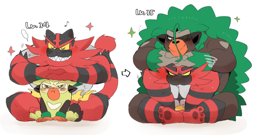 anthro blush duo embarrassed hi_res hyaku_(artist) incineroar male male/male muscular muscular_anthro muscular_male nintendo pok&eacute;mon pok&eacute;mon_(species) pouting rillaboom sharp_teeth size_difference teeth thwackey video_games