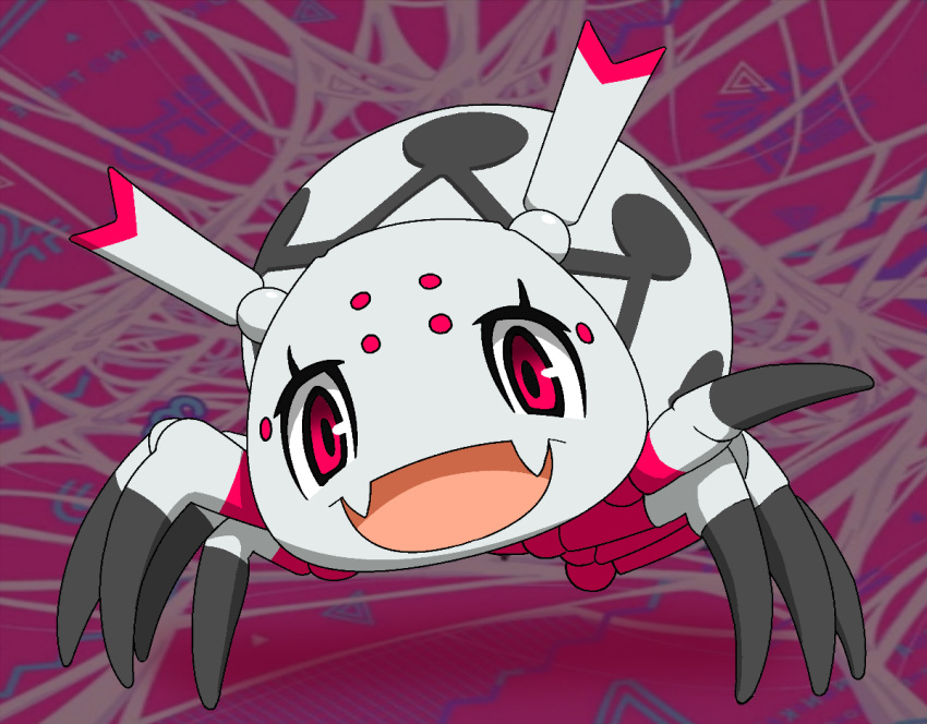 arachnid arthropod arthropod_abdomen cute_face enorapi fangs female feral kumo_desu_ga_nani_ka? kumoko looking_at_viewer open_mouth pink_eyes purple_background simple_background solo spider spider_web white_body