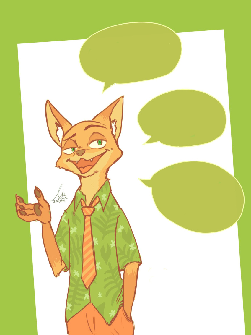 2021 4_fingers anthro canid canine clothed clothing disney fingers fox fully_clothed fur green_background green_eyes hi_res male mammal marema_kishin nick_wilde red_fox simple_background solo white_background zootopia