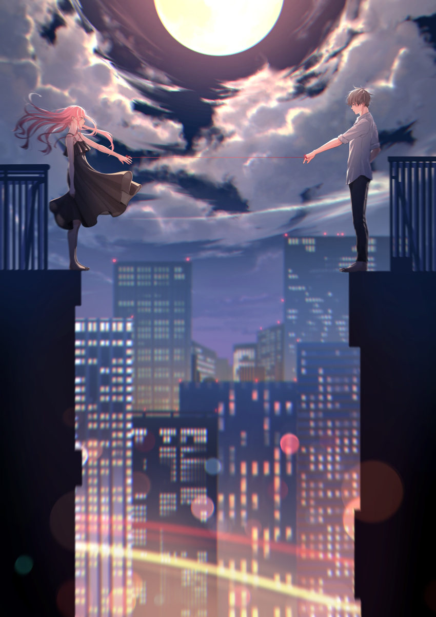 1boy 1girl absurdres black_dress black_pants blurry blurry_background brown_hair cityscape cloud dress facing_another facing_to_the_side floating_hair full_moon highres light_particles lights long_hair macaronk moon night original outdoors outstretched_arm pants pink_hair shirt sleeves_rolled_up standing string string_of_fate white_shirt