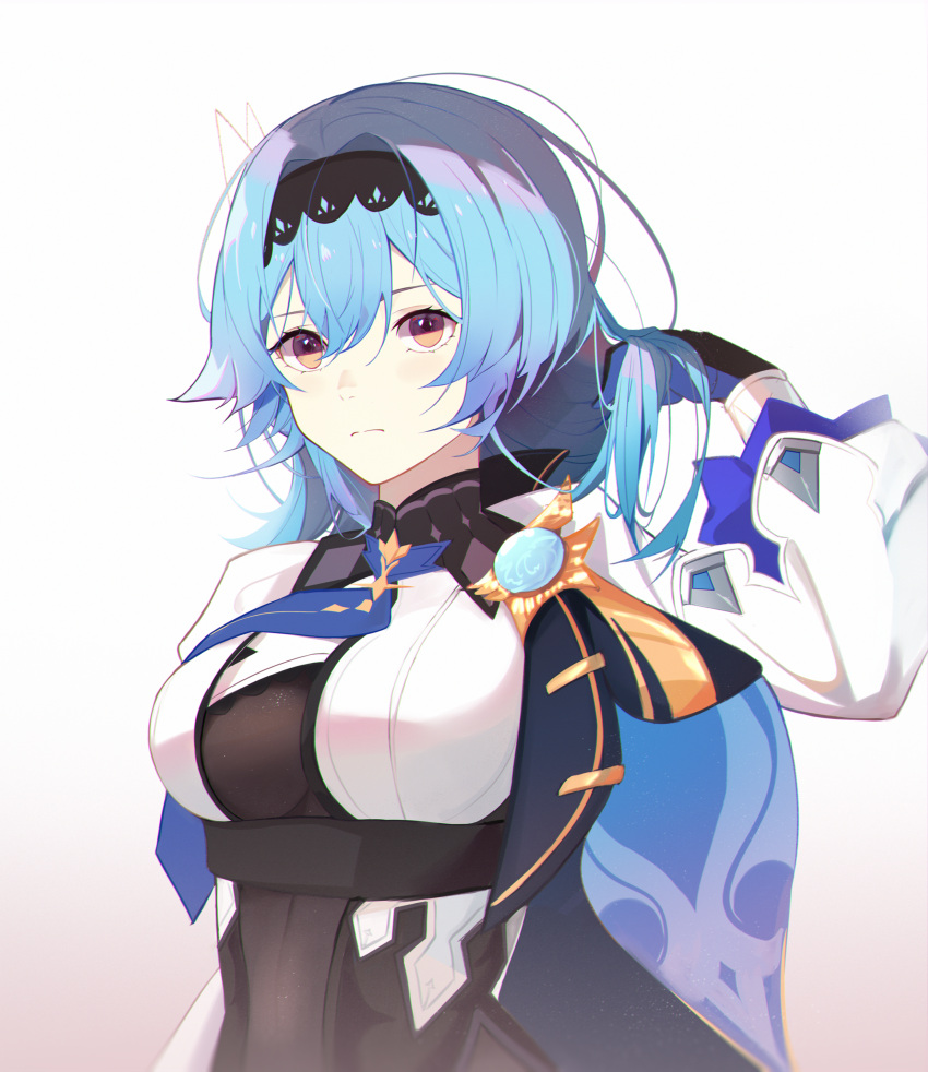 1girl absurdres bangs black_hairband blue_hair breasts brown_eyes capelet eula_(genshin_impact) eyebrows_behind_hair frown genshin_impact gradient gradient_background hairband hand_in_hair highres huge_filesize jacket jijing_zishui long_hair looking_at_viewer medium_breasts solo upper_body white_jacket