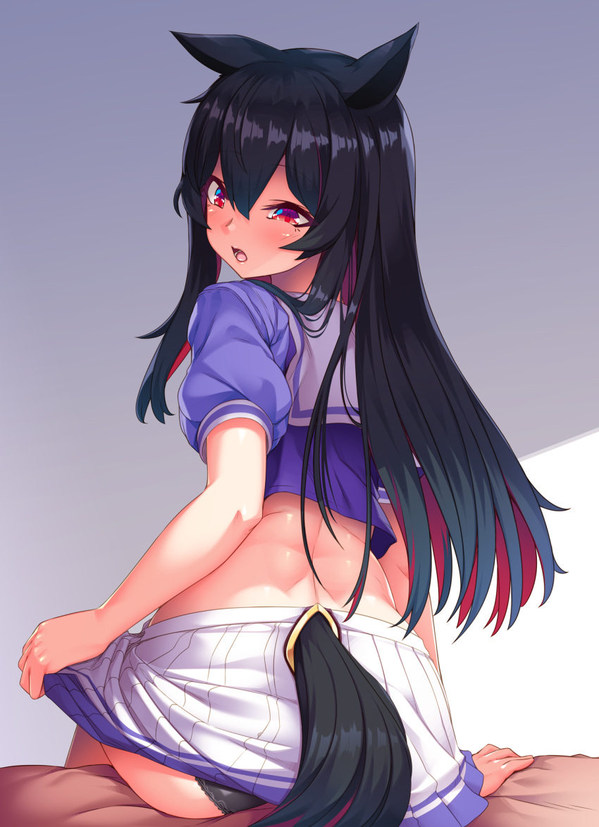 1girl animal_ears arata ass back bangs bed_sheet black_hair black_panties blush colored_inner_hair crop_top from_behind genderswap genderswap_(mtf) highres kemonomimi_mode lifted_by_self looking_at_viewer looking_back miniskirt multicolored_hair on_bed panties purple_shirt red_eyes red_hair ren_(witch's_weapon) sailor_collar school_uniform serafuku shirt short_sleeves sitting sitting_on_bed skirt skirt_lift solo tail tail_censor two-tone_background two-tone_hair underwear white_sailor_collar witch's_weapon