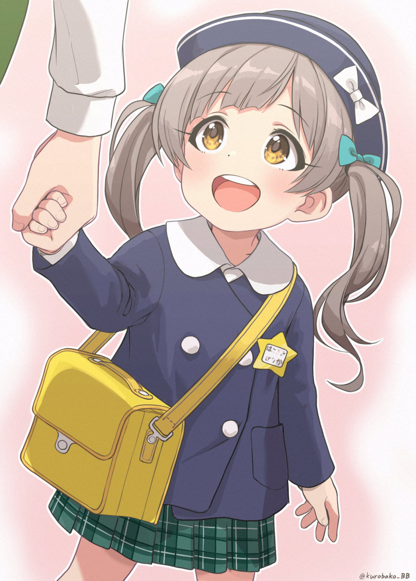 1girl :d artist_name badge bag bangs blue_headwear blue_jacket blush bow brown_eyes brown_hair buttons child commentary_request cowboy_shot double-breasted green_bow grey_background hair_bow hakozaki_serika happy hat hat_bow highres holding_hands idolmaster idolmaster_million_live! jacket kurobako_bb long_sleeves looking_up miniskirt open_mouth pink_background plaid plaid_skirt shiny shiny_hair shoulder_bag skirt smile solo_focus star_(symbol) twintails white_bow yellow_bag younger
