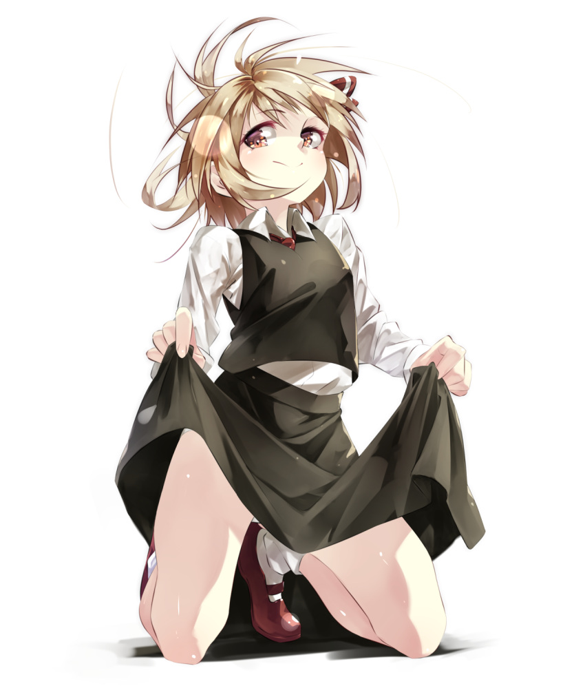 1girl blonde_hair gorilla_(bun0615) hair_blowing hair_ribbon highres kneeling panties pantyshot red_eyes ribbon rumia short_hair skirt skirt_hold skirt_lift smile solo touhou underwear