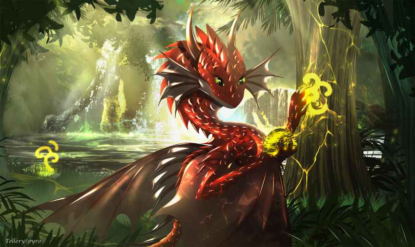 2021 day detailed_background digital_media_(artwork) dragon forest grass green_eyes hi_res membrane_(anatomy) membranous_wings outside plant red_body red_scales scales scalie smile spikes spikes_(anatomy) telleryspyro tree water western_dragon wings