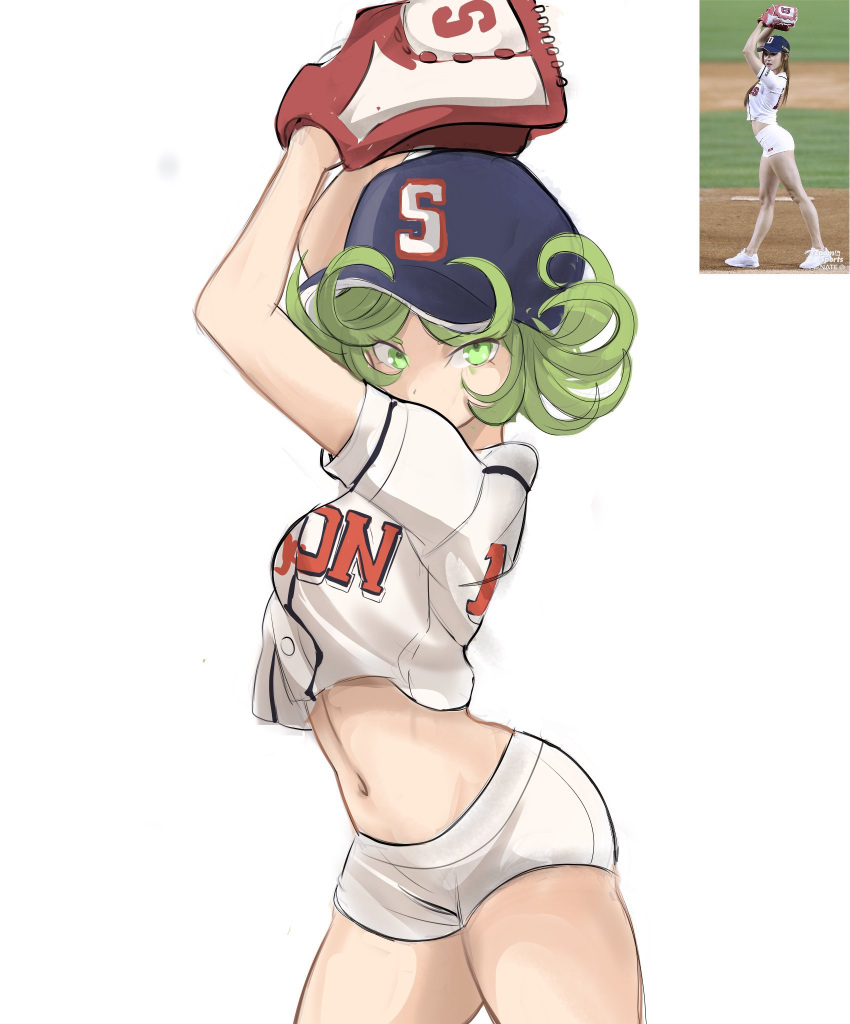 1girl :t arms_up ball bangs baseball baseball_cap baseball_mitt baseball_uniform breasts choi_seol-hwa cowboy_shot crop_top downblouse english_commentary full_body green_eyes green_hair hat highres holding holding_ball looking_at_viewer midriff navel one-punch_man pantylines playing_sports rakeem_garcia-cueto reference_photo reference_photo_inset shirt shoes short_hair short_sleeves shorts small_breasts sneakers socks solo sport sportswear standing stomach tatsumaki white_footwear white_legwear white_shorts