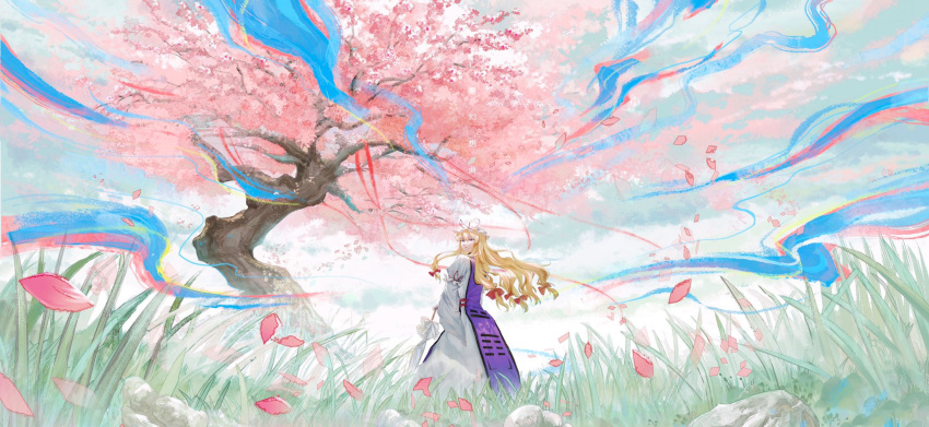 1girl arm_garter bagua blonde_hair cherry_blossoms cherry_tree closed_umbrella dress from_behind from_below grass hat hat_ribbon highres holding holding_umbrella long_hair long_sleeves looking_back mob_cap parasol perfect_cherry_blossom petals purple_eyes red_ribbon ribbon rock solo standing tabard touhou tree trigram umbrella white_dress wide_shot wide_sleeves wind yakumo_yukari you33ou