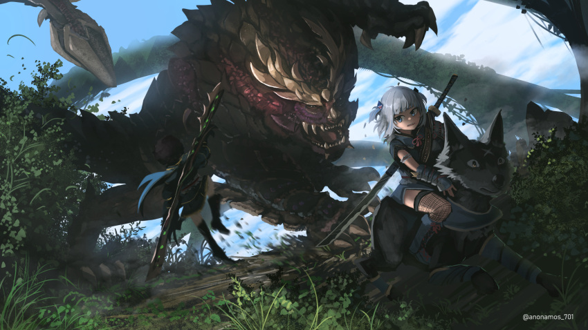 afro anonamos armor artist_name black_hair blue_eyes blue_hair commentary crossover double-blade english_commentary gawr_gura highres hololive hololive_english katana lance looking_back monster monster_hunter_(series) monster_hunter_rise multicolored_hair ninomae_ina'nis open_mouth polearm running sharp_teeth silver_hair streaked_hair sword teeth two_side_up weapon weapon_on_back wolf yellow_eyes