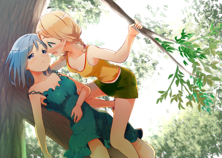 2girls :d blonde_hair blue_dress blue_eyes blue_hair blush breasts dress green_eyes green_shorts in_tree medium_breasts multiple_girls open_mouth original outdoors shorts small_breasts smile tachi_(gutsutoma) tank_top tree yellow_tank_top yuri