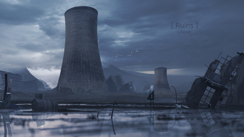 1girl absurdres animal bird cloud cloudy_sky commentary_request facing_away floating_hair from_behind highres huge_filesize lifeline_(a384079959) long_hair mountain mountainous_horizon nuclear_powerplant nuclear_reactor original outdoors reflection ruins scenery sky solo standing white_hair