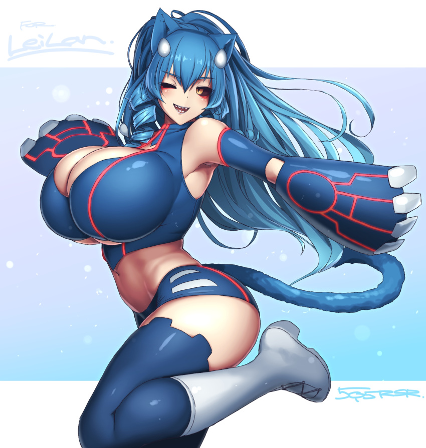 1girl animal_ear_fluff animal_ears black_sclera blush boots breasts cat_ears cleavage cleavage_cutout clothing_cutout colored_sclera commission detached_sleeves floating_hair gen_3_pokemon gloves highres huge_breasts jumping kyogre legendary_pokemon long_hair looking_to_the_side midriff navel one_eye_closed open_mouth personification pokemon skeb_commission solo thigh_boots thighhighs xyv_1 yellow_eyes