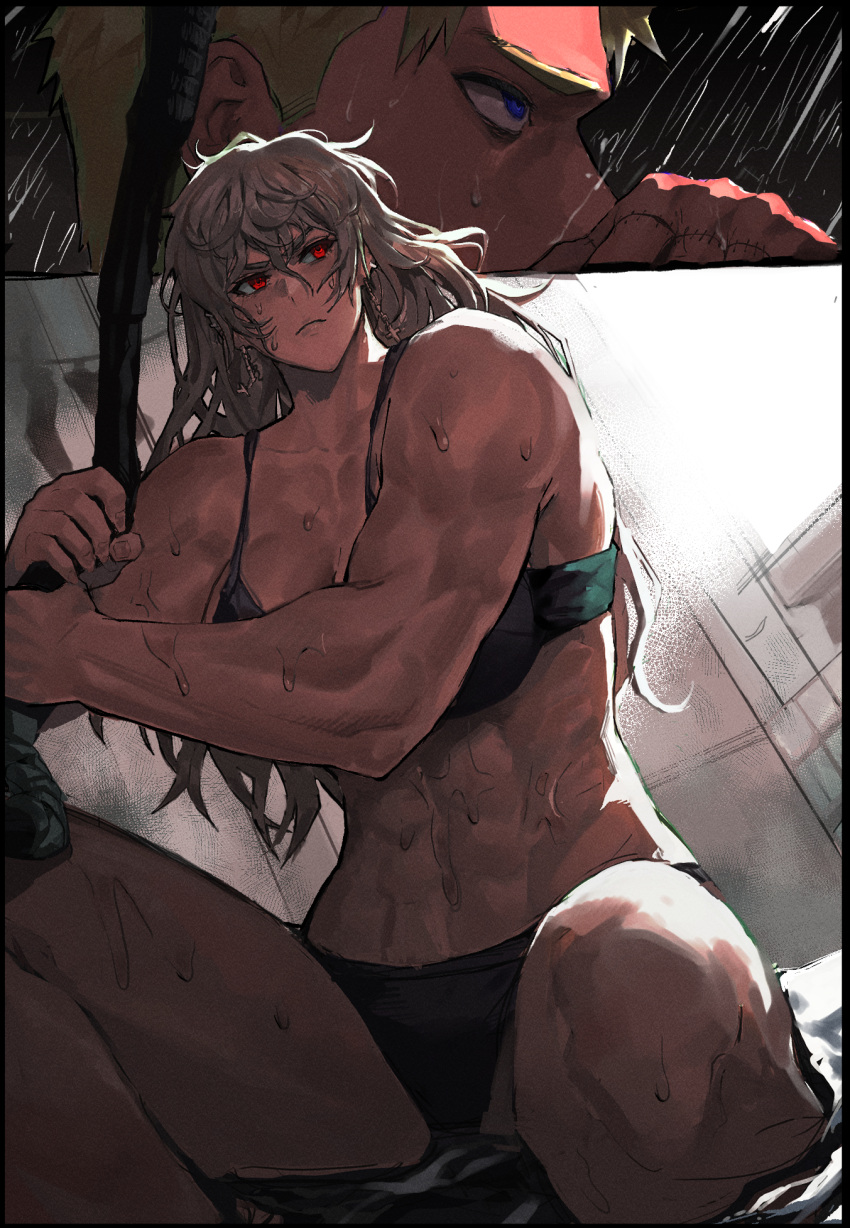 1boy 1girl abs black_bra bra dorohedoro hair_between_eyes highres long_hair muscular muscular_female navel noi_(dorohedoro) panties park_ongjol rain red_eyes shin_(dorohedoro) stitches tall_female underwear wet white_hair