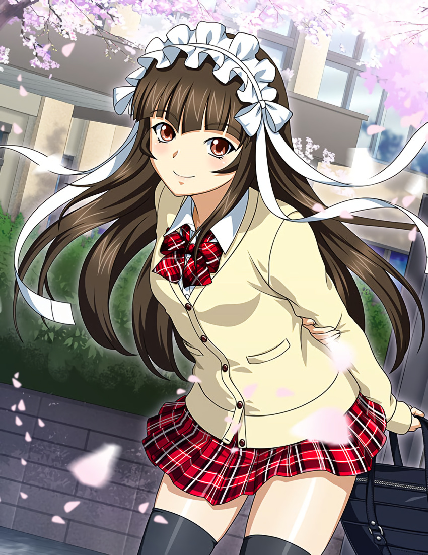 1girl arms_behind_back bag bangs black_legwear bow bowtie brown_eyes brown_hair cardigan cherry_blossoms closed_mouth collared_shirt cowboy_shot day dress_shirt dutch_angle eyebrows_visible_through_hair floating_hair highres holding holding_bag ikkitousen leaning_forward long_hair looking_at_viewer miniskirt outdoors plaid plaid_neckwear plaid_skirt pleated_skirt red_bow red_neckwear red_skirt school_bag school_uniform shiny shiny_clothes shiny_hair shiny_legwear shirt skirt smile solo spring_(season) standing ten'i_(ikkitousen) thighhighs very_long_hair white_cardigan white_shirt wing_collar zettai_ryouiki