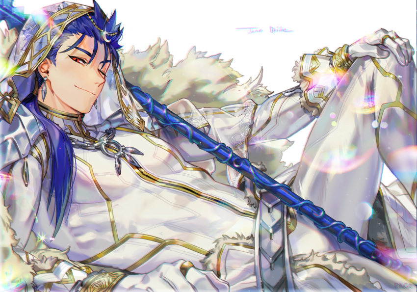 1boy ;) alternate_color armor belt blue_hair bodysuit closed_mouth cosplay crescent cu_chulainn_(fate)_(all) earrings english_text fate/grand_order fate/stay_night fate_(series) g0ringo gae_bolg_(fate) gloves hand_on_own_knee jewelry lancer long_hair looking_at_viewer male_focus nero_claudius_(bride)_(fate) nero_claudius_(bride)_(fate)_(cosplay) nero_claudius_(fate)_(all) one_eye_closed reclining red_eyes shoulder_armor simple_background smile solo white_background white_bodysuit white_gloves white_theme