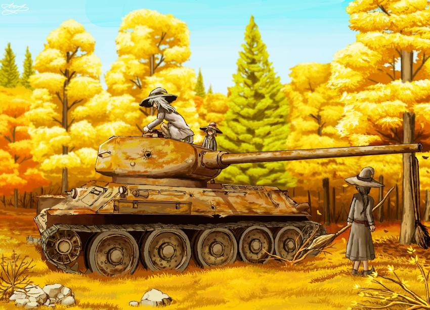 3girls artist_request autumn breasts broom brown_eyes brown_hair caterpillar_tracks cloud day dress english_commentary forest ground_vehicle hat highres long_hair military military_vehicle motor_vehicle multiple_girls nature original ponytail rock scenery short_hair signature sky t-34 t-34-85 tank tree witch