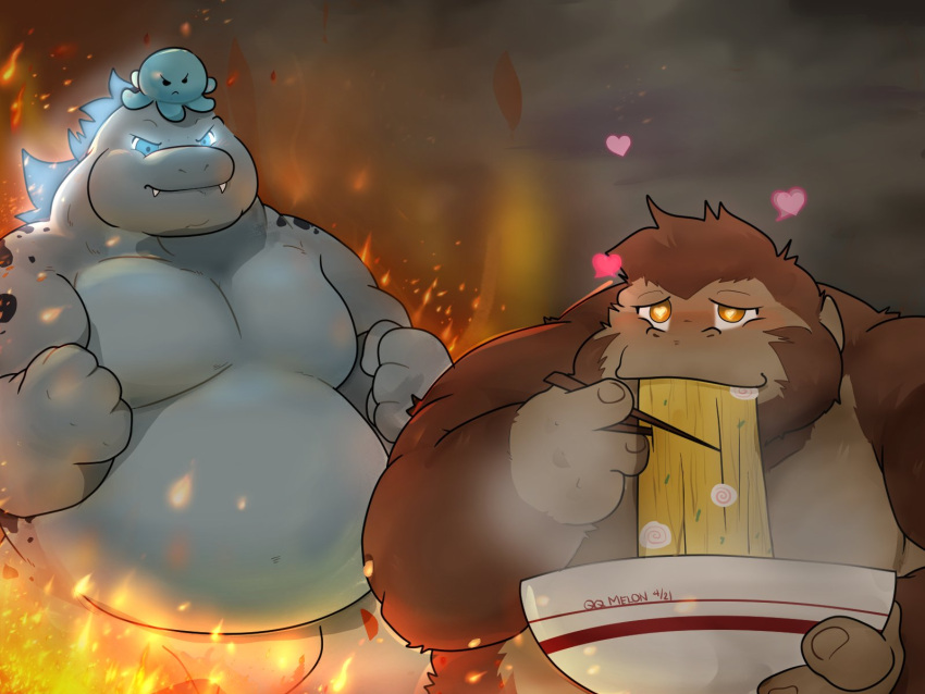 &lt;3 2021 anthro ape belly blue_eyes cute_fangs duo eating fire food godzilla godzilla_(series) godzilla_vs._kong haplorhine hi_res humanoid_hands kaiju kemono king_kong male mammal megaprimatus_kong overweight overweight_male primate qqmelon888 toho