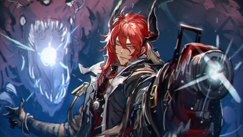 1boy arknights claws coat grin hair_between_eyes holding holding_weapon horns long_hair looking_at_viewer male_focus one_eye_closed red_eyes red_hair ryuuzaki_ichi sesa_(arknights) smile solo weapon