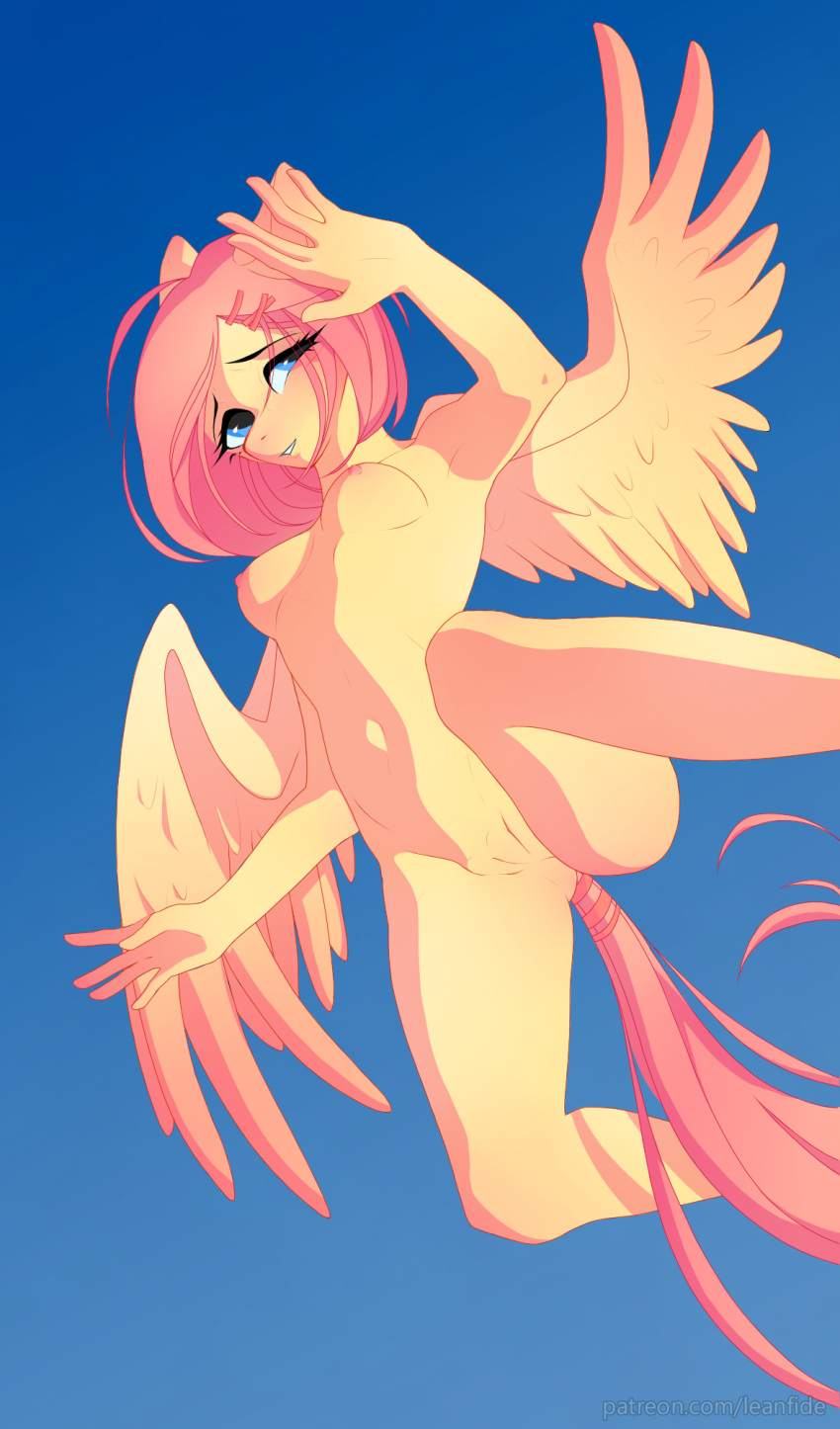 accessory anthro breasts equid equine feathers female fluttershy_(mlp) friendship_is_magic genitals hair hair_accessory hasbro hi_res horse leanfide mammal my_little_pony nipples nude pink_hair pony pussy solo sunset wings yellow_body