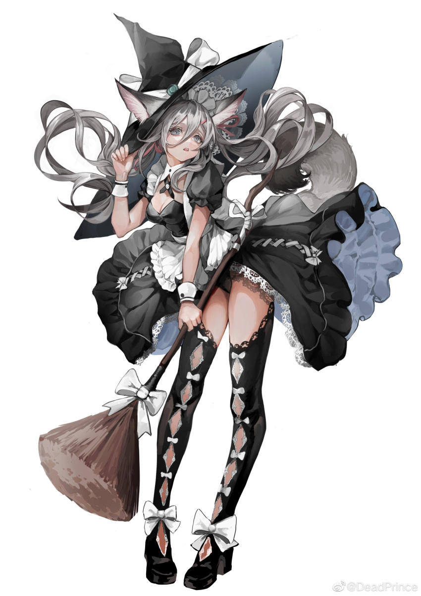 1girl absurdres animal animal_ears black_dress bow broom cat cat_ears cat_tail deadprinceee dress grey_hair hat highres lace long_hair original simple_background solo tail white_background witch witch_hat