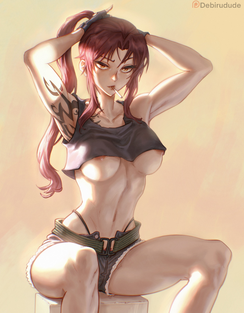 1girl absurdres armpits arms_up bangs belt black_lagoon black_tank_top breasts cigarette debirudue feet_out_of_frame highres long_hair looking_at_viewer medium_breasts midriff navel nipple_slip nipples orange_background ponytail red_hair revy_(black_lagoon) shorts sitting smoking solo tank_top tattoo underboob