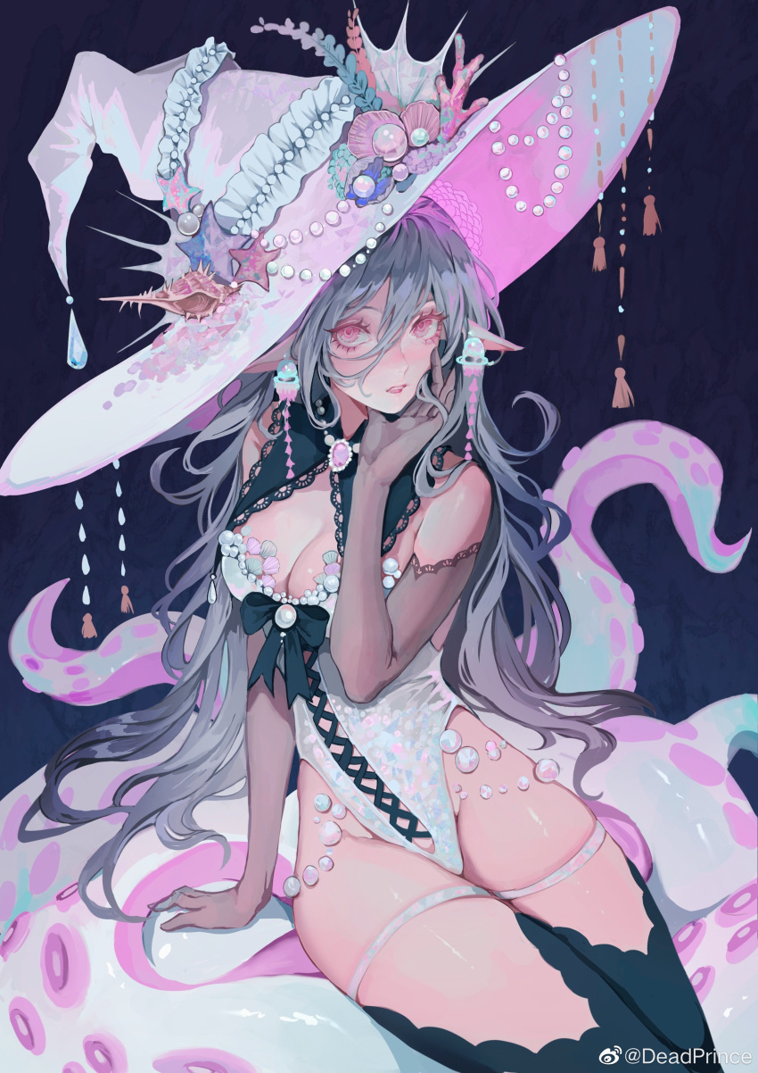 1girl absurdres artist_name breasts cleavage deadprinceee earrings elbow_gloves eyelashes gloves hand_on_own_face hat highres jewelry long_hair looking_at_viewer open_mouth pearl_(gemstone) pink_eyes pointy_ears ribbon seashell shell shiny solo starfish tentacles witch_hat