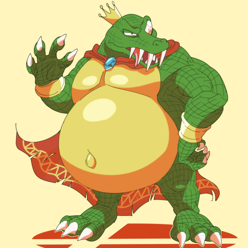 1:1 2020 3_toes 4_fingers anthro belly biceps big_belly biped bracelet cape cape_only claws clothing crocodile crocodilian crocodylid crown digital_media_(artwork) donkey_kong_(series) fangs feet finger_claws fingers front_view full-length_portrait glistening glistening_body green_body green_scales hand_on_hip hi_res jewelry king king_k._rool kremling logo male mostly_nude musclegut muscular muscular_anthro muscular_male navel nintendo obese obese_anthro obese_male open_mouth outie_navel overweight overweight_anthro overweight_male pecs pink_tongue plantigrade portrait quads reptile royalty scales scalie sharp_teeth simple_background solo standing super_smash_bros. teeth toe_claws toes tongue tongue_out video_games white_claws yellow_background zono16