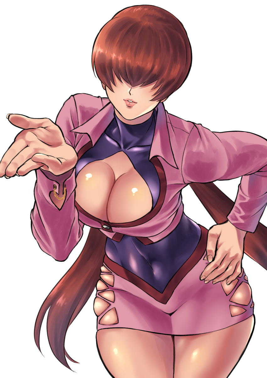 1girl absurdres beniazumaru blown_kiss breasts brown_hair buttons cleavage clothing_cutout commentary_request covered_collarbone covered_navel cropped_jacket fingernails hair_between_eyes hand_on_hip highres jacket large_breasts leaning_forward leotard leotard_under_clothes lips long_hair long_sleeves looking_at_viewer low_twintails miniskirt parted_lips pink_jacket pink_skirt shermie_(kof) shiny shiny_hair shiny_skin simple_background skirt smile solo the_king_of_fighters the_king_of_fighters_'97 thighs tied_hair turtleneck twintails