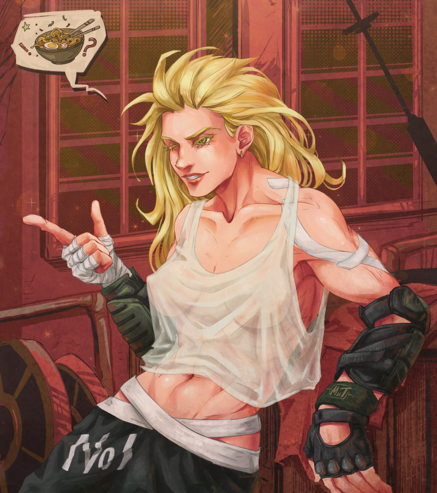 1girl abs bandaged_hand black_gloves blonde_hair bowl breasts breasts_apart character_request check_character dorohedoro earrings fingerless_gloves food froggi00 gloves highres index_finger_raised jewelry long_hair medium_breasts navel noi_(dorohedoro) noodles parted_lips see-through see-through_shirt single_glove solo tank_top yellow_eyes